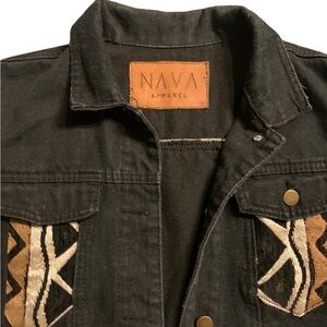 Denim Jacket Womens Southwest Aztec Print Boho Black Jean Coat Medium?